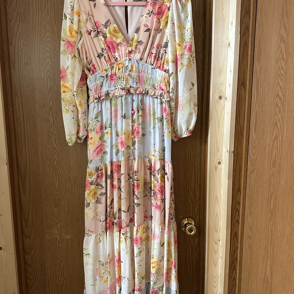 Floral V-Neck Long Sleeve Maxi Dress - Pink Floral